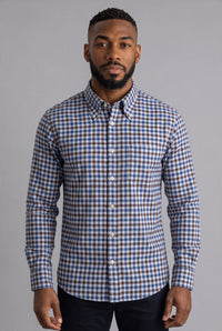 BUTTON DOWN SPORT SHIRT - BLUE/NAVY/BROWN CHECK