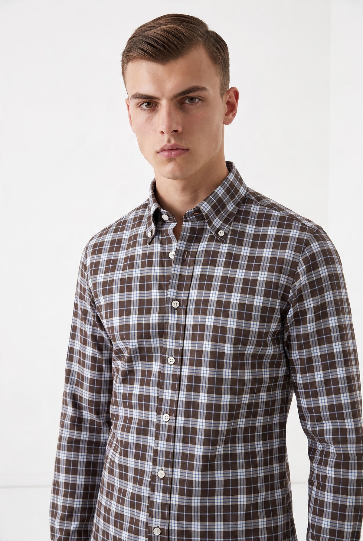 MAZZARELLI SPORT SHIRT - BROWN/BLUE CHECK PLAID