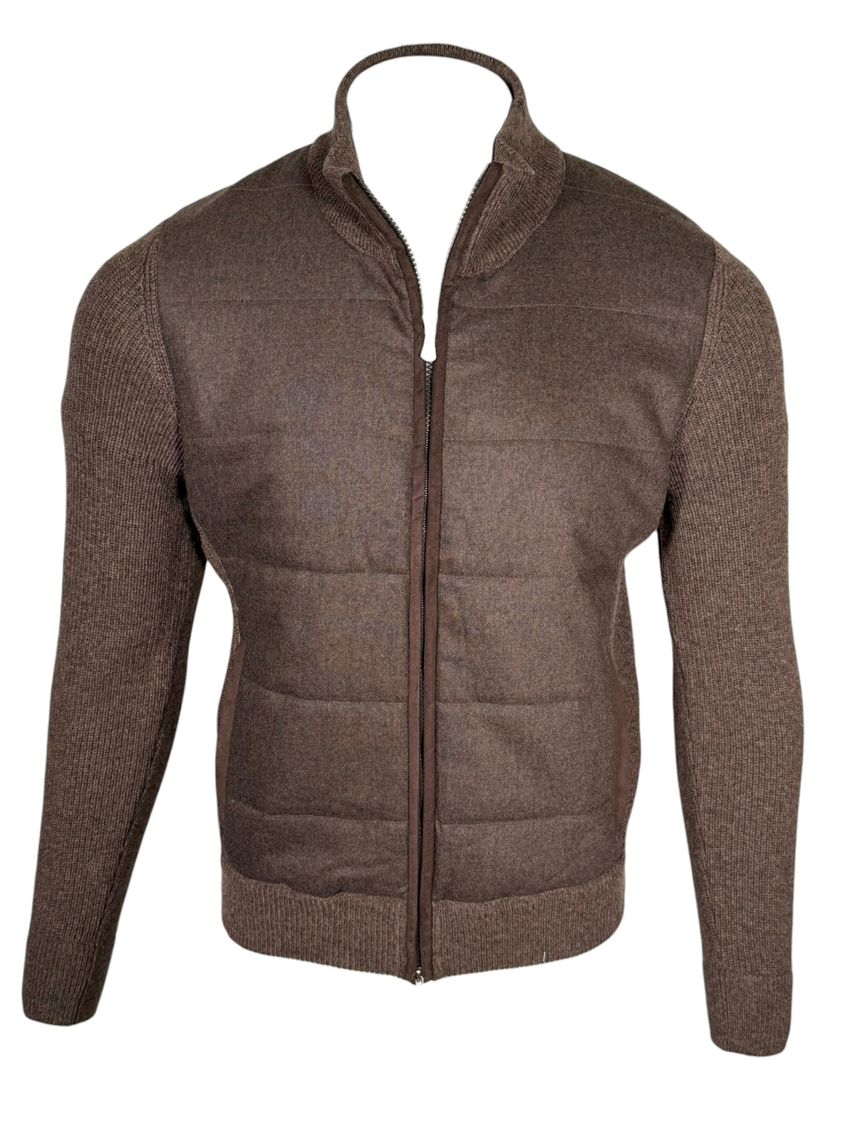 BUTTON DOWN FLANNEL JACKET WITH KNIT SLEEVES - BROWN