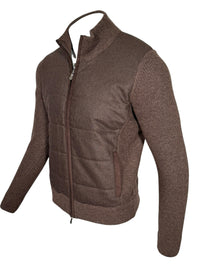 BUTTON DOWN FLANNEL JACKET WITH KNIT SLEEVES - BROWN