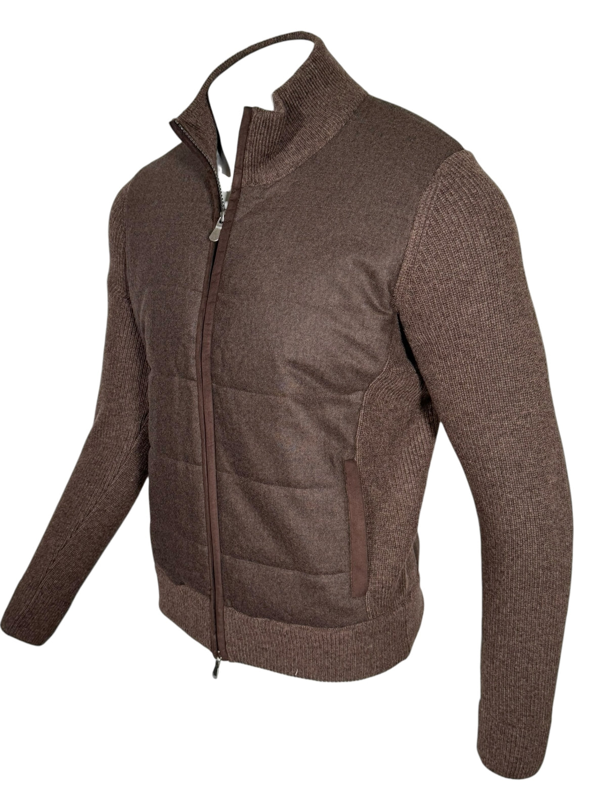 BUTTON DOWN FLANNEL JACKET WITH KNIT SLEEVES - BROWN