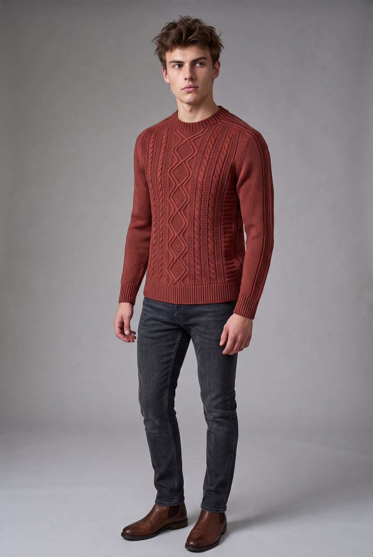 FLY3 REVERSIBLE CABLE KNIT CREW SWEATER - BURGUNDY