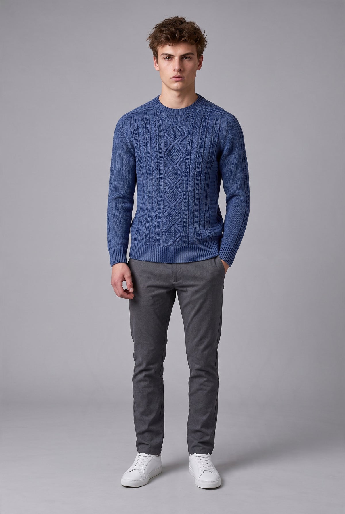 FLY3 REVERSIBLE CABLE KNIT CREW SWEATER - BLUE