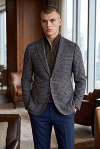 OARS & OLD IVY SPORT COAT WITH ZIP-OUT BIB - BLUE/BROWN PLAID