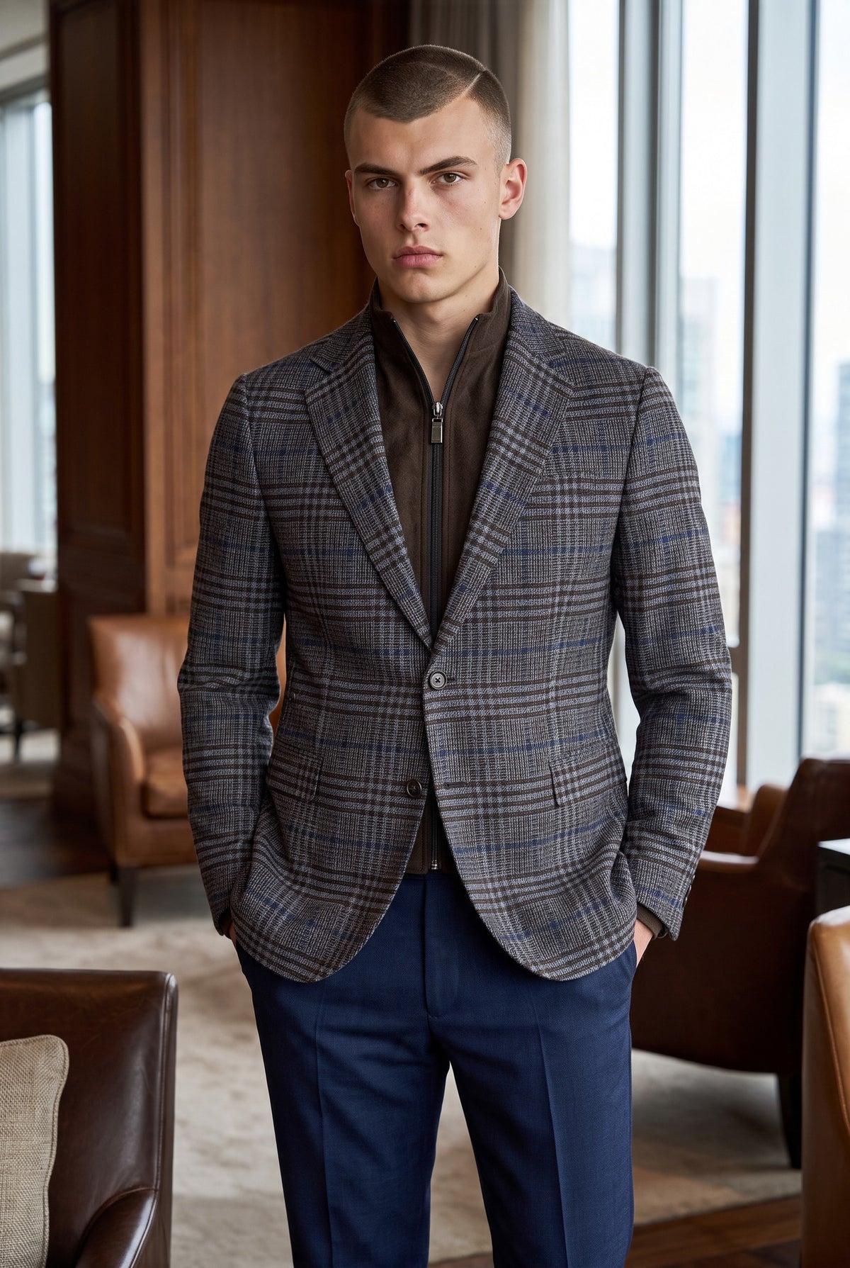 OARS & OLD IVY SPORT COAT WITH ZIP-OUT BIB - BLUE/BROWN PLAID