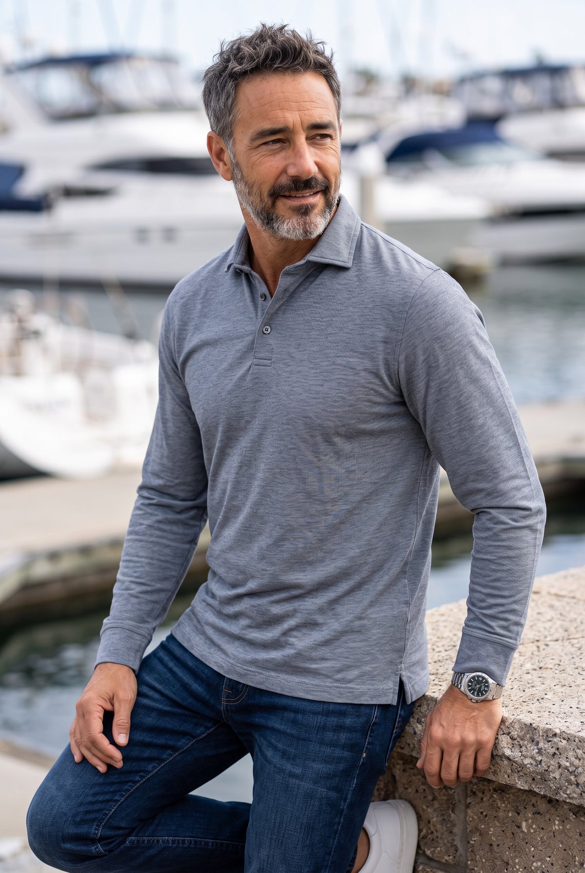BUTTON DOWN MEN'S LONG-SLEEVE POLO - VINTAGE BLUE HEATHER JERSEY