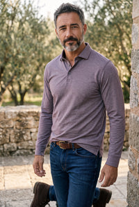 BUTTON DOWN MEN'S LONG-SLEEVE POLO - PLUM HEATHER JERSEY