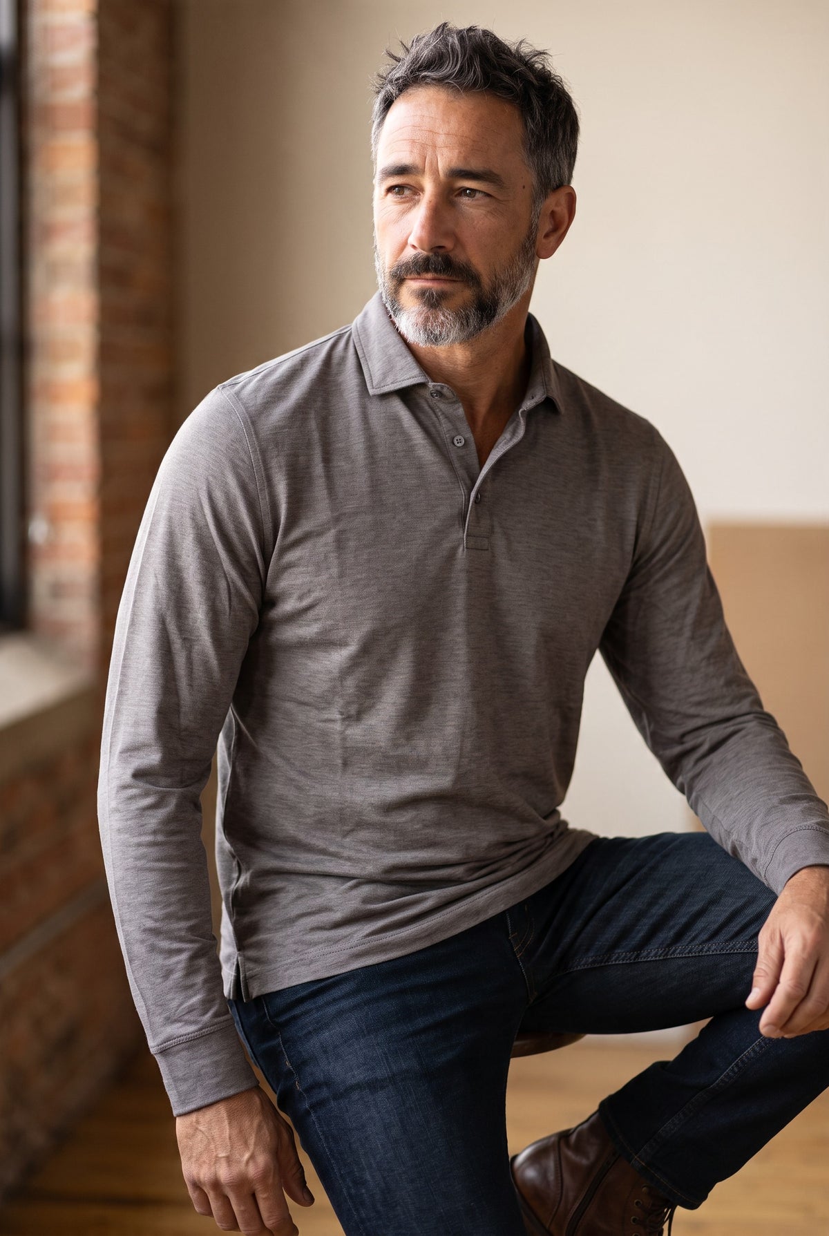 BUTTON DOWN MEN'S LONG-SLEEVE POLO - CHARCOAL HEATHER JERSEY
