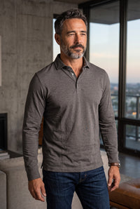 BUTTON DOWN MEN'S LONG-SLEEVE POLO - BLACK HEATHER JERSEY