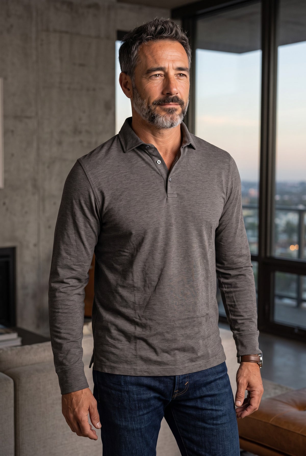 BUTTON DOWN MEN'S LONG-SLEEVE POLO - BLACK HEATHER JERSEY