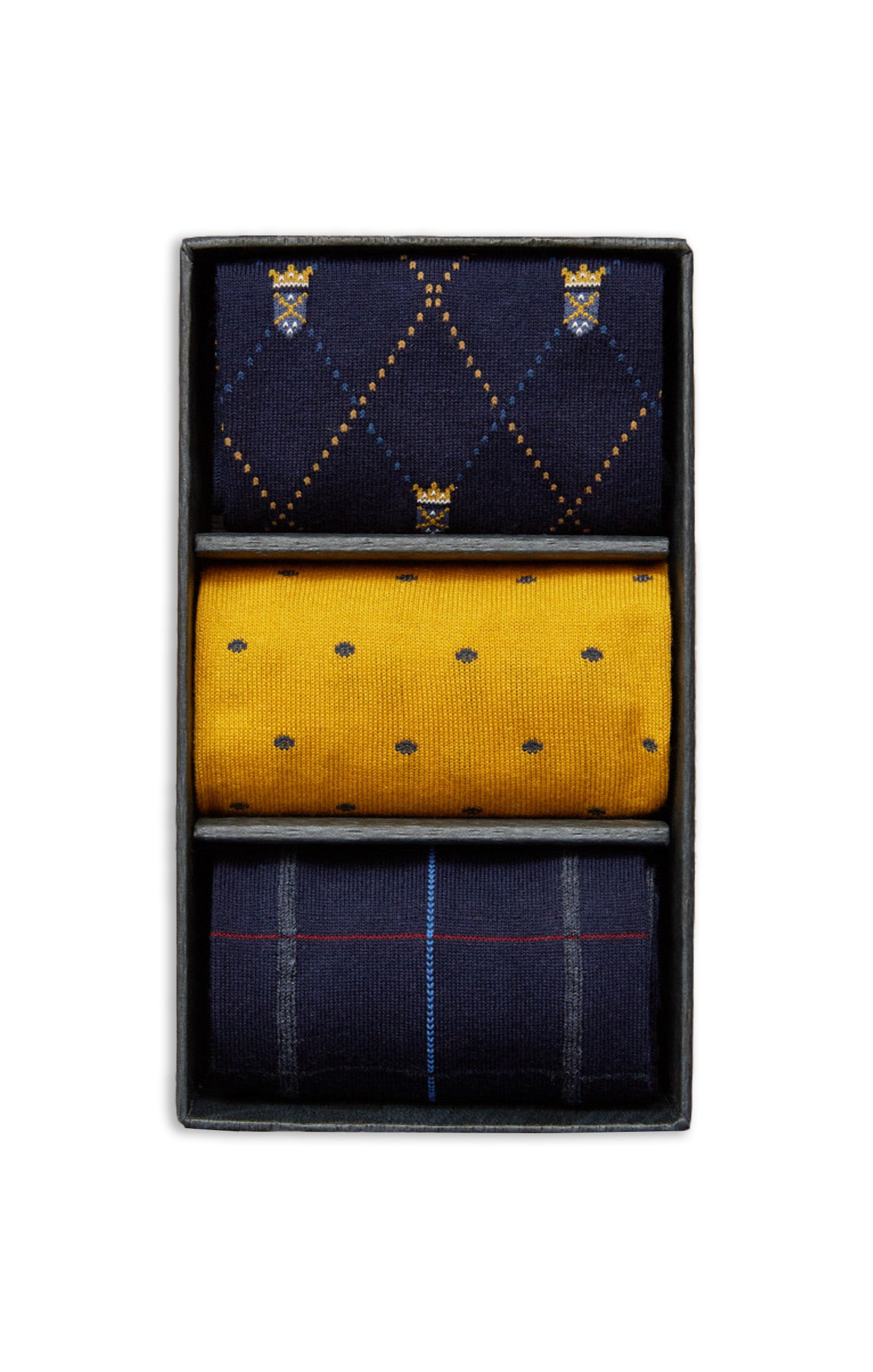 MARCOLIANI CALF SOCK GIFT BOX OF 3 - NAVY/GOLD MIX