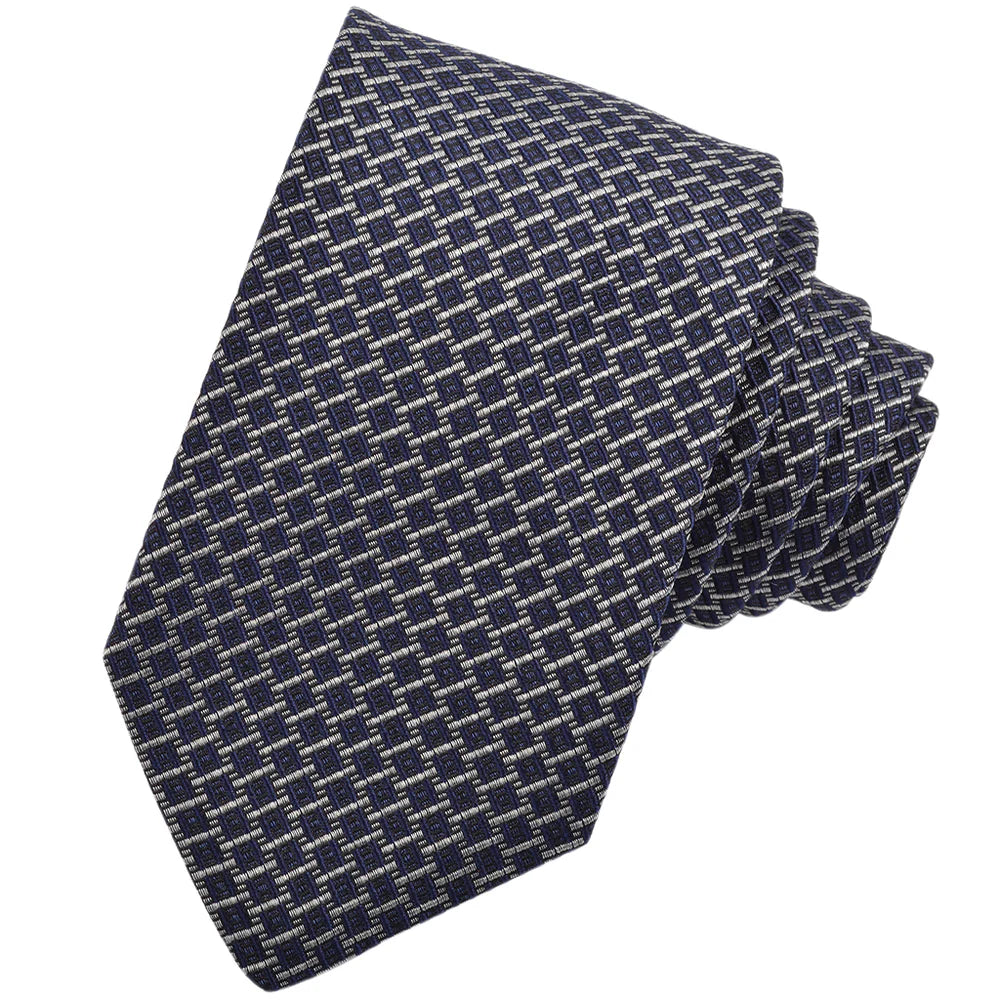 DION SILK TIE - SILVER & NAVY CUBIC LINKS