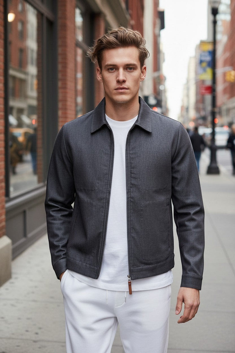 Button Down SF men's dark grey textured zip-up jacket with collar, worn over a white t-shirt.