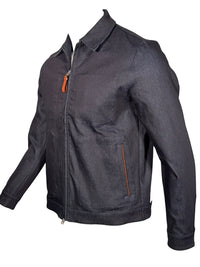 Button Down SF MANTO blue denim jacket with lotus print, classic collar, full zip, and leather zip pull. Made in Italy.