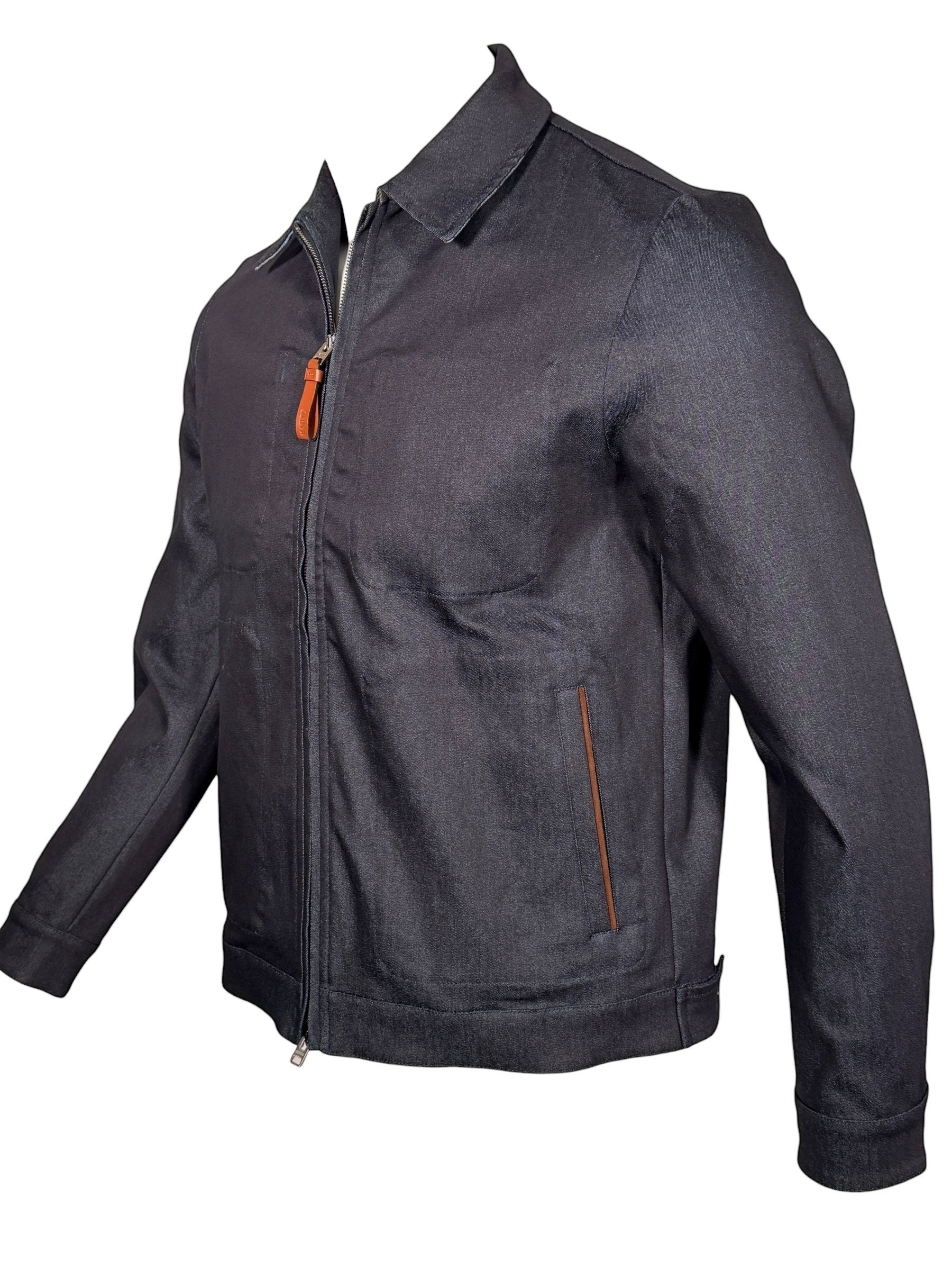 Button Down SF MANTO blue denim jacket with lotus print, classic collar, full zip, and leather zip pull. Made in Italy.