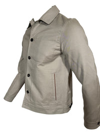 Button Down SF light grey lotus print denim jacket with suede trim and button closure. Made in Italy.