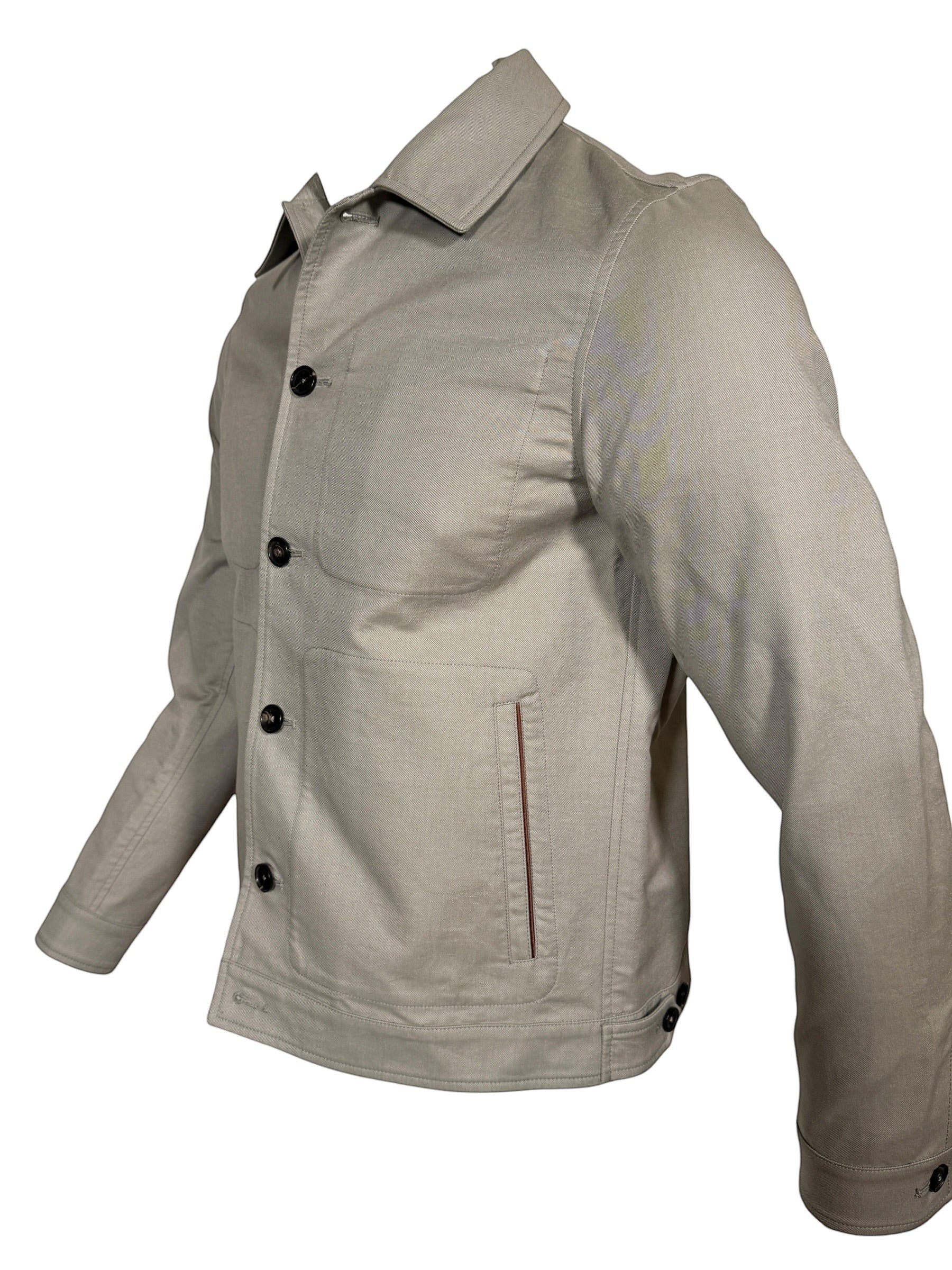 Button Down SF light grey lotus print denim jacket with suede trim and button closure. Made in Italy.