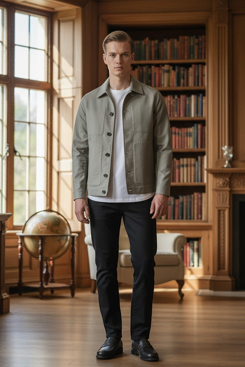 Button Down SF light grey Manto lotus print jacket with suede trim, button closure, and side pockets. Made in Italy.