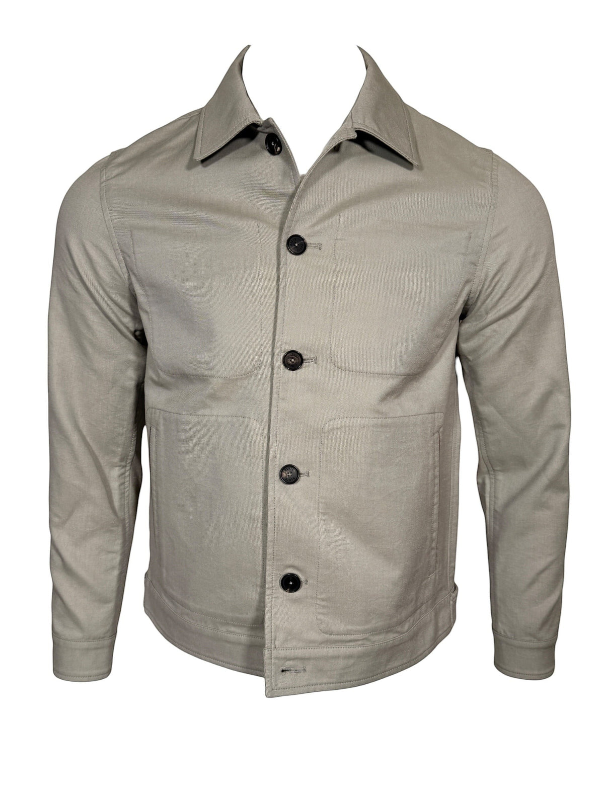 Button Down SF light grey lotus print jacket with button closure, suede trim, and side pockets.