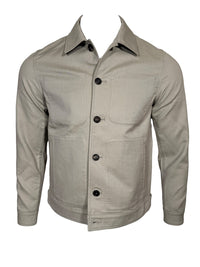 Button Down SF light grey lotus print jacket with button closure, suede trim, and side pockets.
