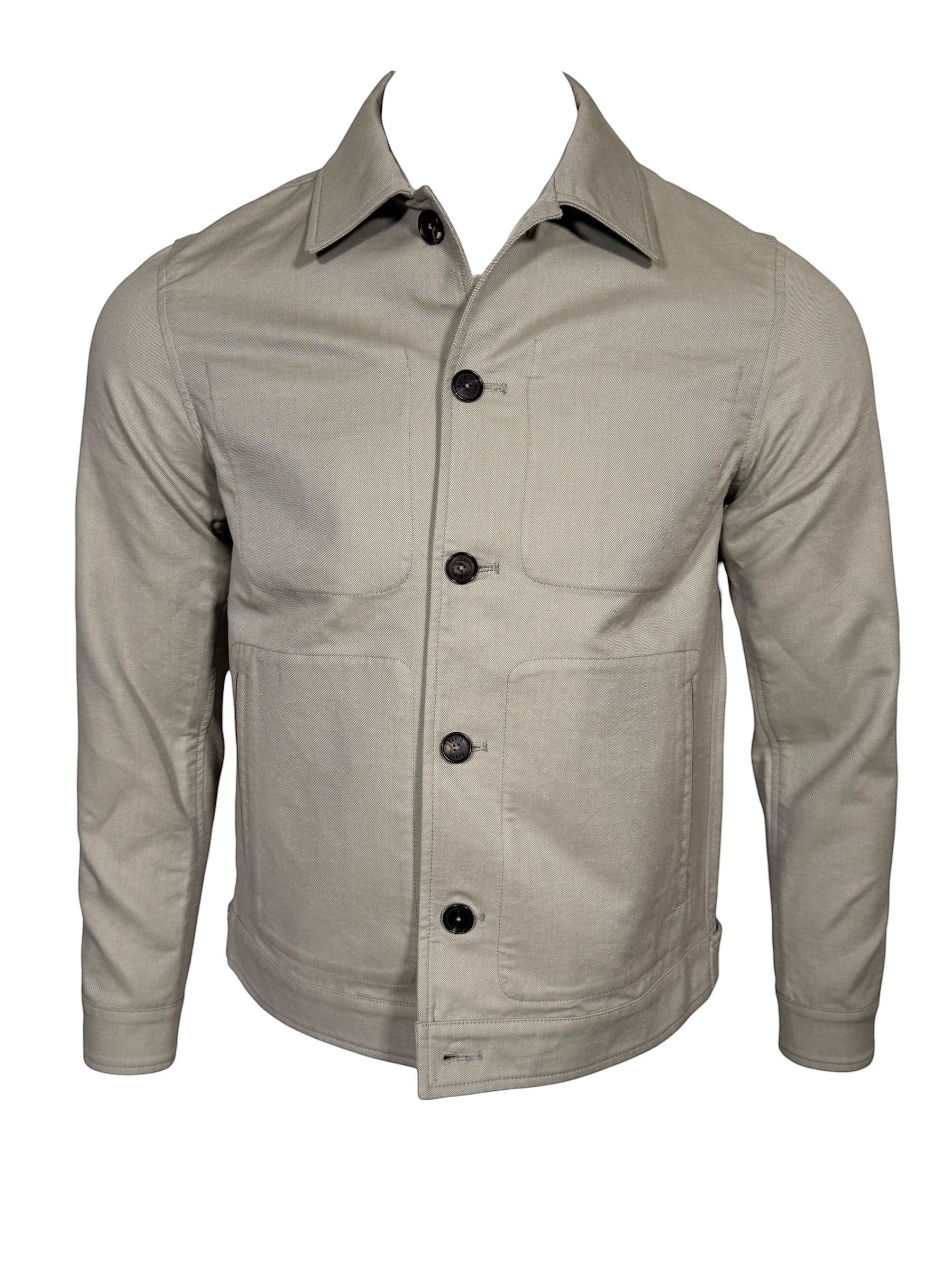 Button Down SF light grey lotus print jacket with button closure, suede trim, and side pockets.
