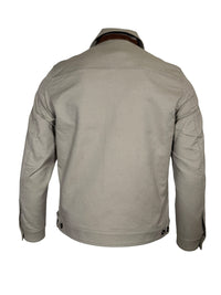 Button Down SF light grey cotton blend jacket with lotus print, suede trim, button closure and side pockets. Made in Italy.