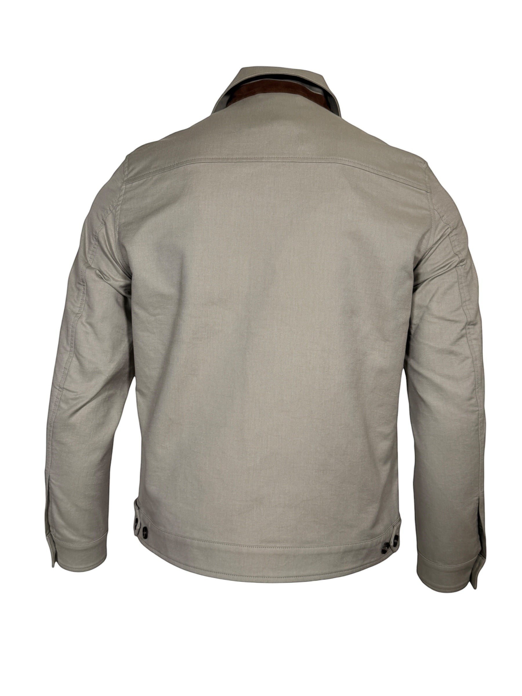 Button Down SF light grey cotton blend jacket with lotus print, suede trim, button closure and side pockets. Made in Italy.