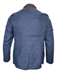 Button Down SF blue textured weave sport jacket with stand-up collar and brown trim. Made in Italy.