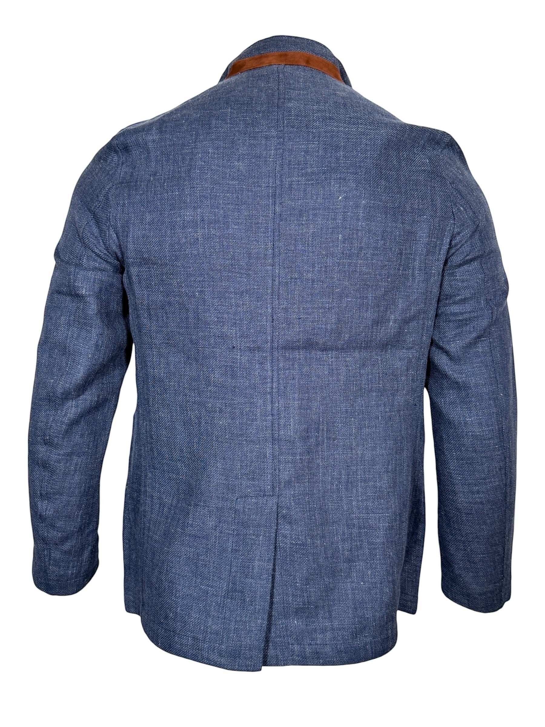 Button Down SF blue textured weave sport jacket with stand-up collar and brown trim. Made in Italy.