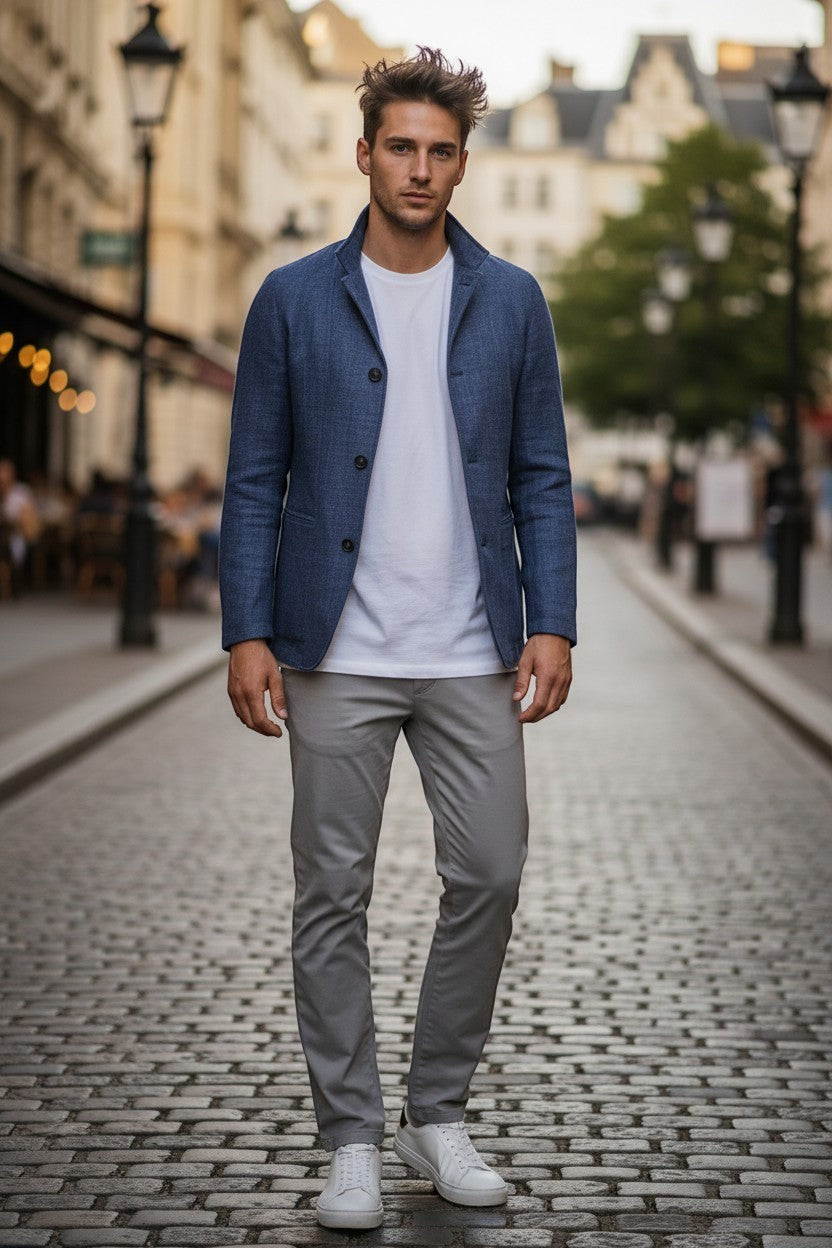 Button Down SF blue textured weave sport jacket with stand-up collar, paired with a white t-shirt and grey chinos.