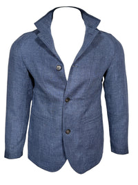 Button Down SF blue textured weave sport jacket with stand-up collar and three-button closure, made in Italy.