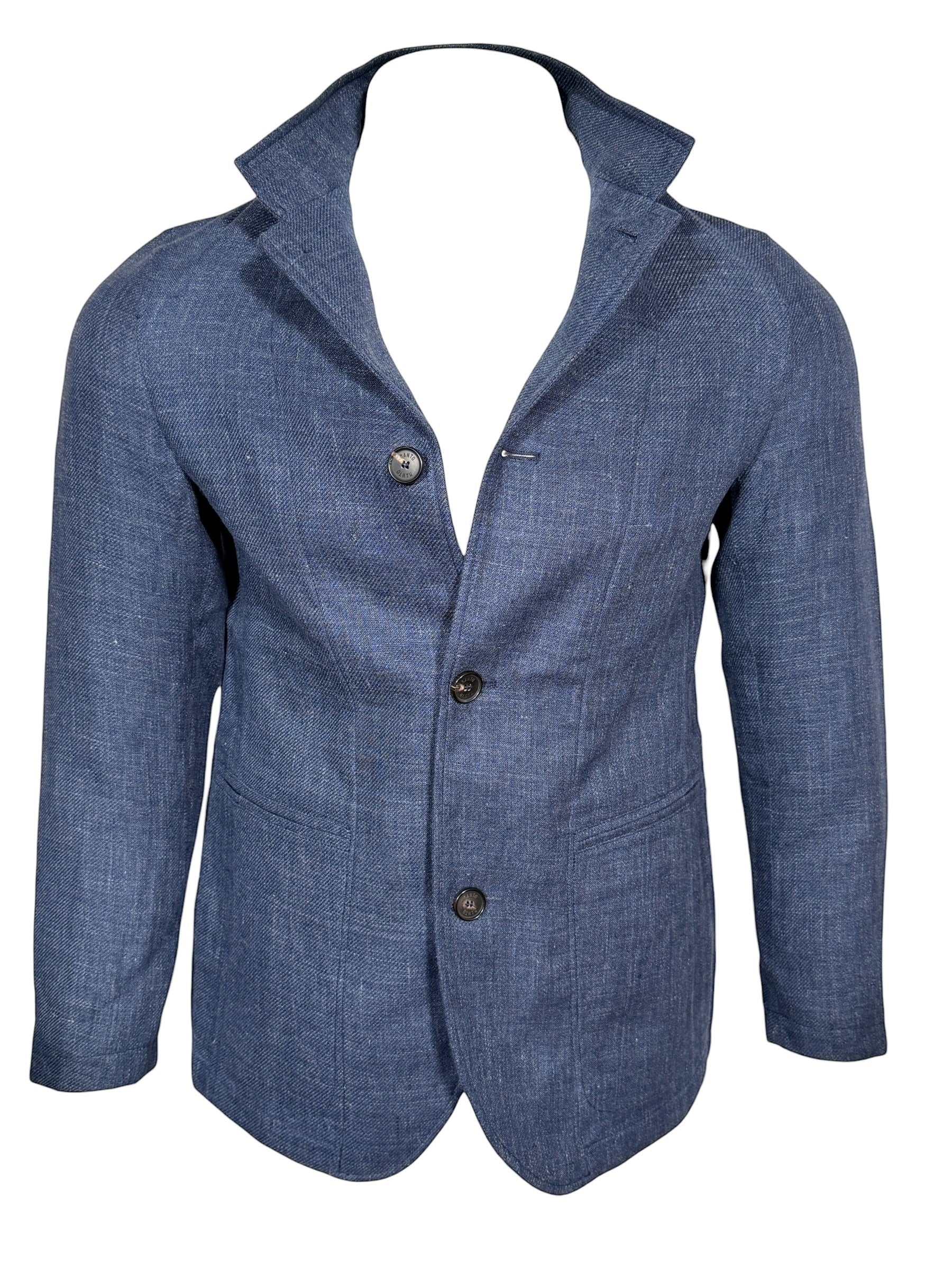 Button Down SF blue textured weave sport jacket with stand-up collar and three-button closure, made in Italy.