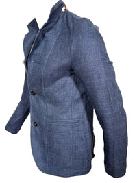 Button Down SF blue textured weave sport jacket with stand-up collar and two-button closure.