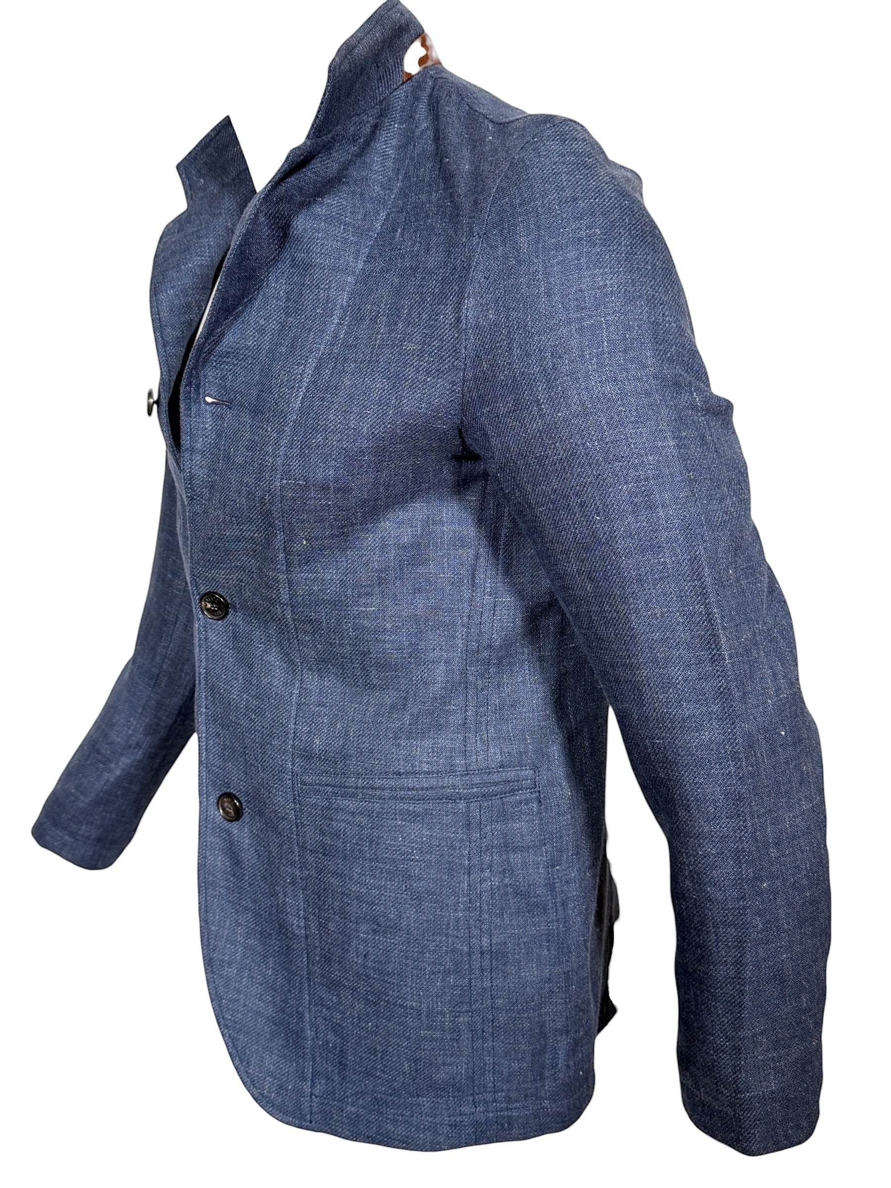 Button Down SF blue textured weave sport jacket with stand-up collar and two-button closure.
