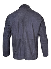 Button Down SF navy suede jacket with chocolate accents, classic collar, button-down front, and pockets. Made in Italy.