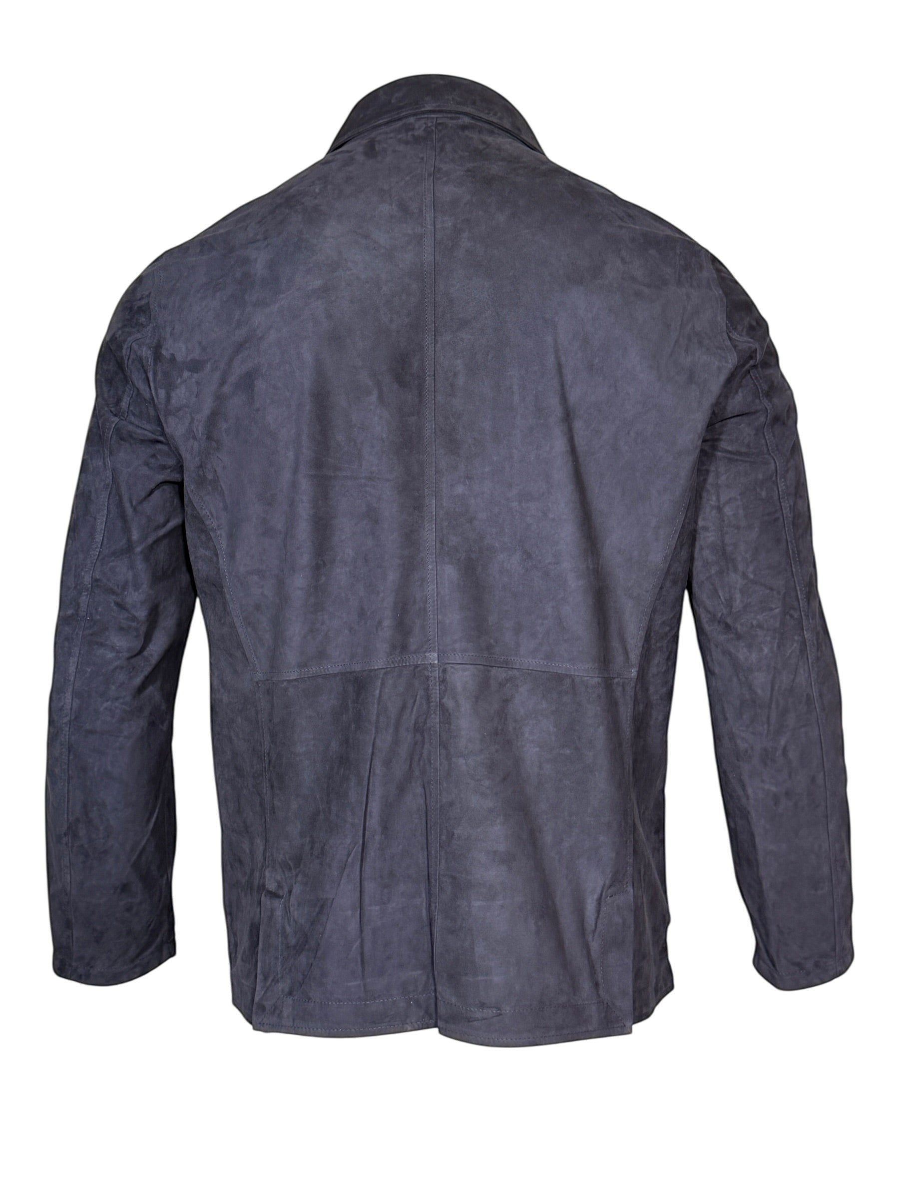 Button Down SF navy suede jacket with chocolate accents, classic collar, button-down front, and pockets. Made in Italy.