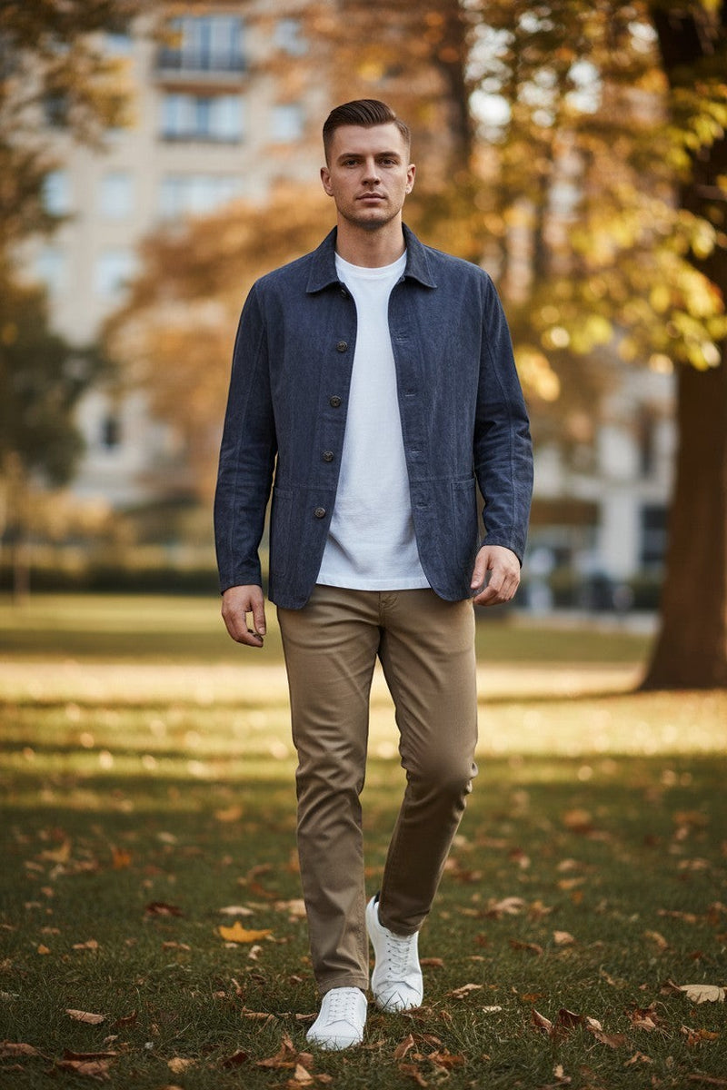 Button Down SF navy suede jacket with chocolate accents, button-down front, and collar. Made in Italy.
