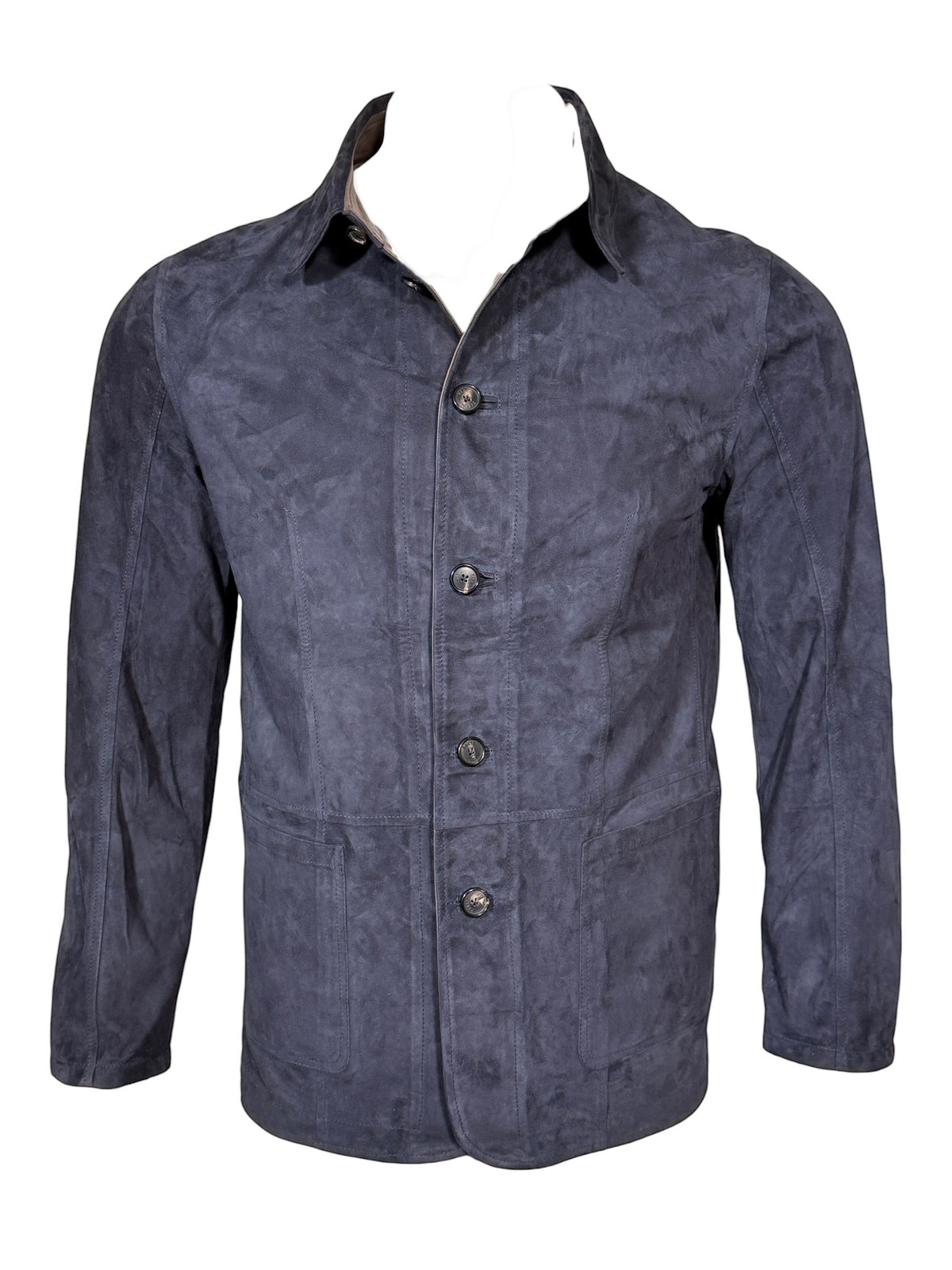 Button Down SF navy suede jacket with chocolate accents, button-down front, collar, and pockets. Made in Italy.