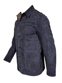 Button Down SF navy suede jacket with chocolate accents, button-down front, collar, and pockets. Made in Italy.