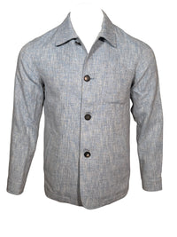 Button Down SF pale blue linen, wool, and silk blend blazer with button front and chest pocket.