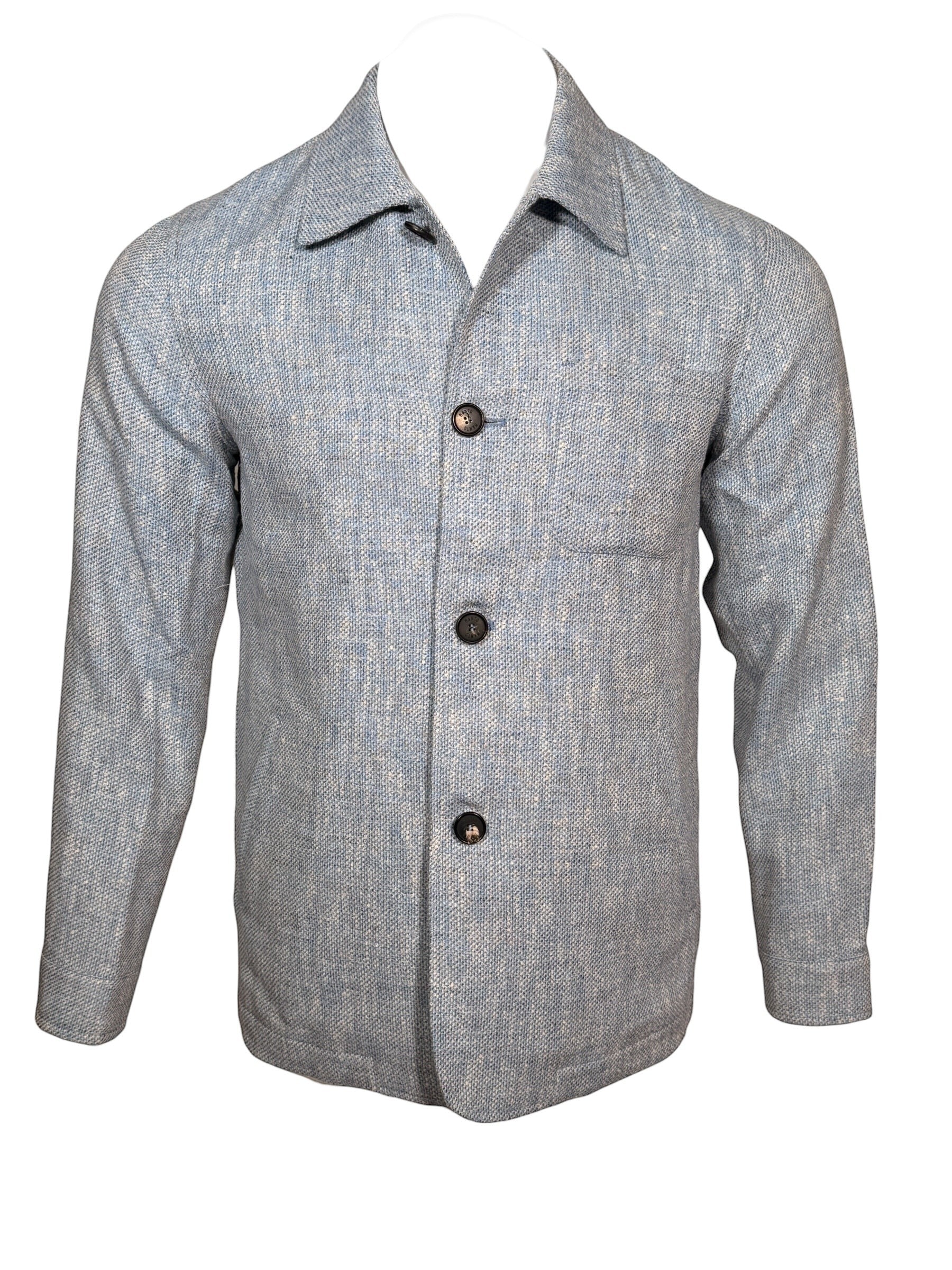 Button Down SF pale blue linen, wool, and silk blend blazer with button front and chest pocket.