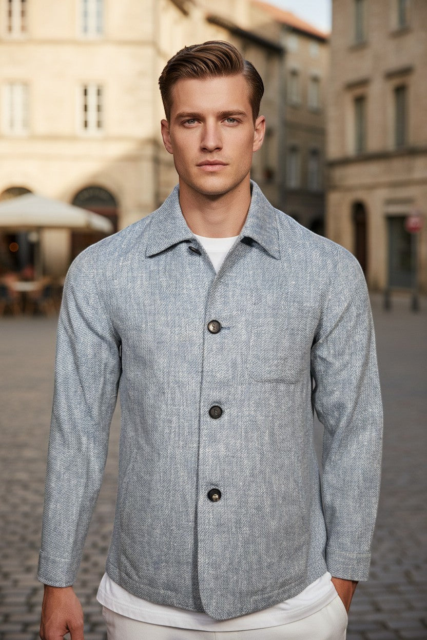 Button Down SF pale blue linen, wool, and silk blend blazer with button front and chest pocket.