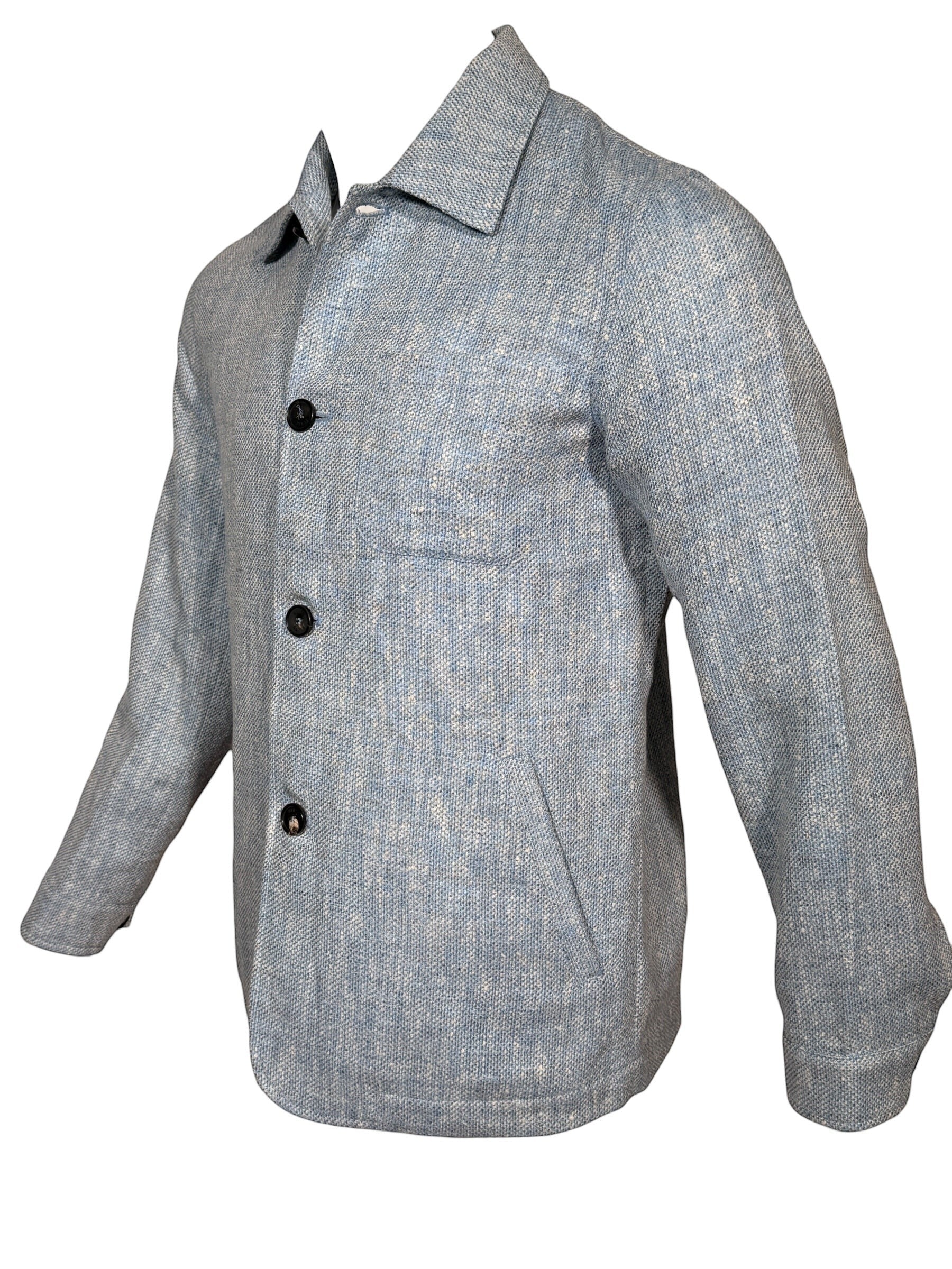 Button Down SF pale blue linen wool silk blend blazer with button front and chest pocket.