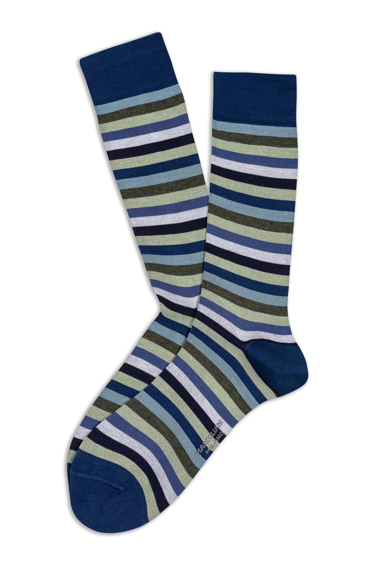 MARCOLIANI PIMA COTTON LISLE RAINBOW STRIPE CALF SOCK - DENIM/SAGE