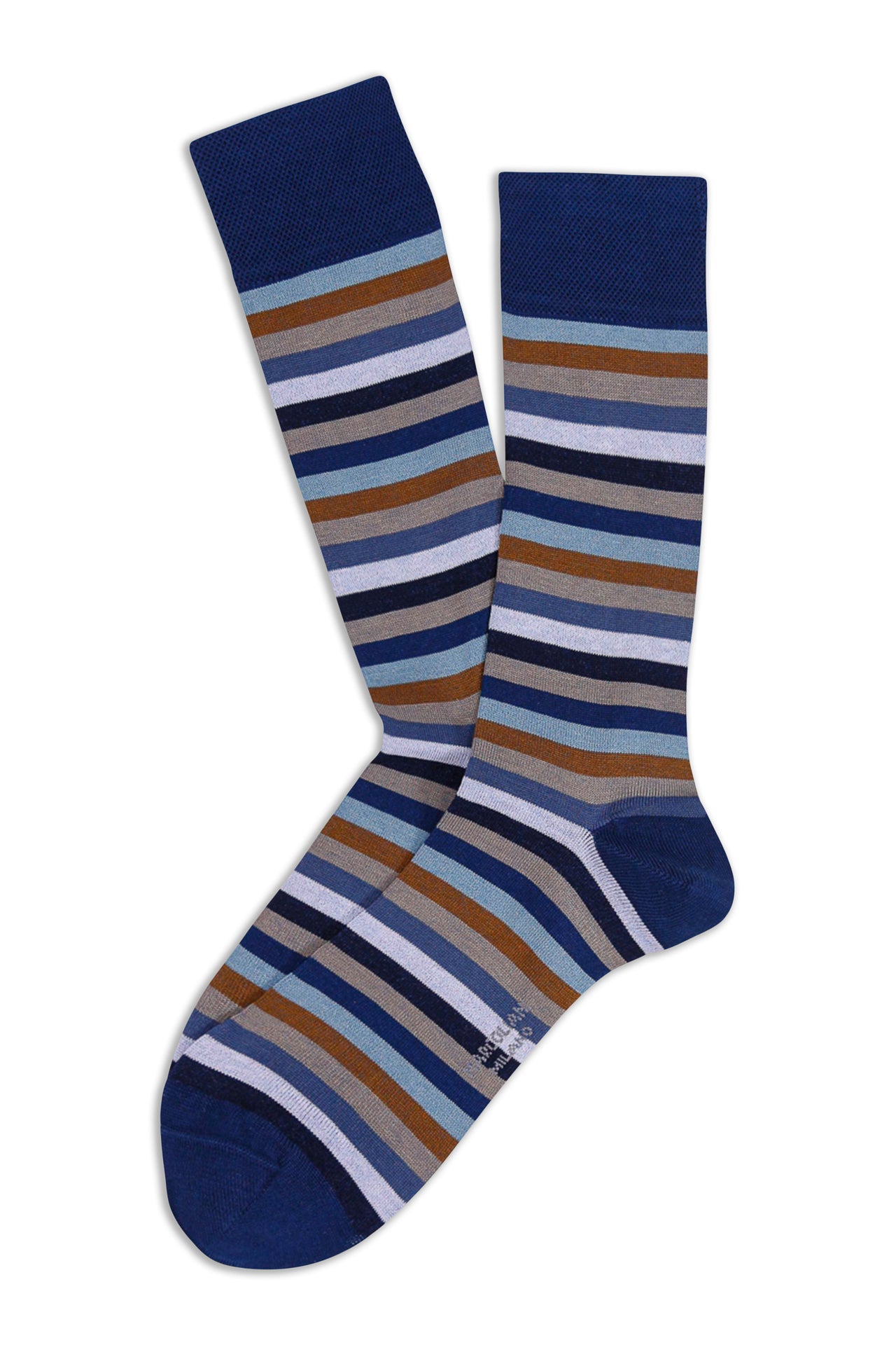 MARCOLIANI PIMA COTTON LISLE RAINBOW STRIPE CALF SOCK - NAVY/BROWN