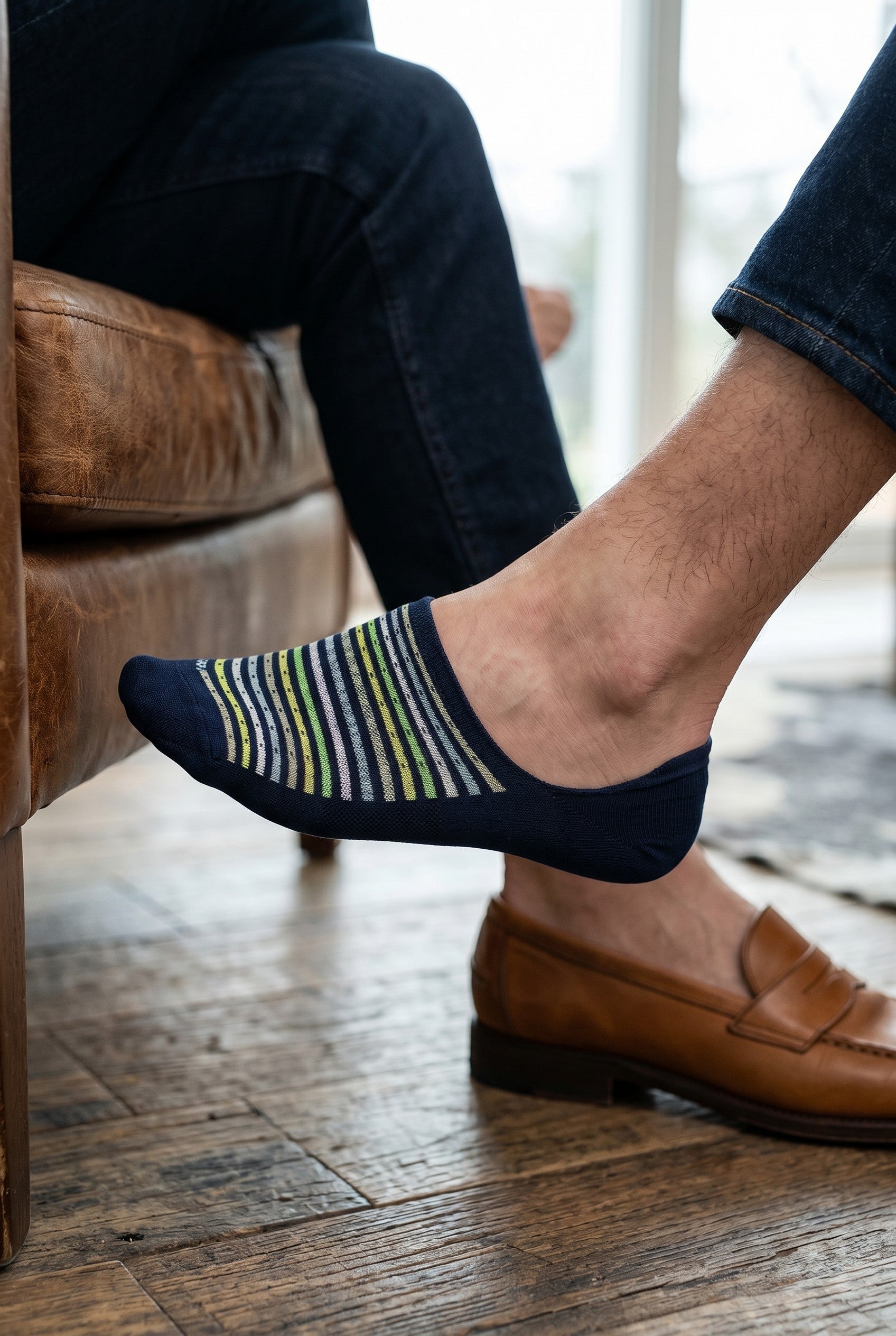 MARCOLIANI PIMA COTTON STRIPES AND PIN INVISIBLE SNEAKER SOCK - NAVY/GREEN