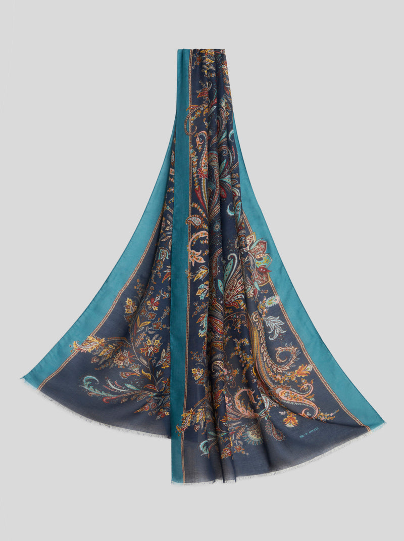 ETRO VISCOSE & CASHMERE SCARF - TEAL & NAVY PAISLEY