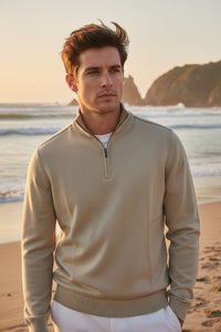 Button Down SF men's sage green cotton-silk half-zip sweater with ribbed collar and cuffs.