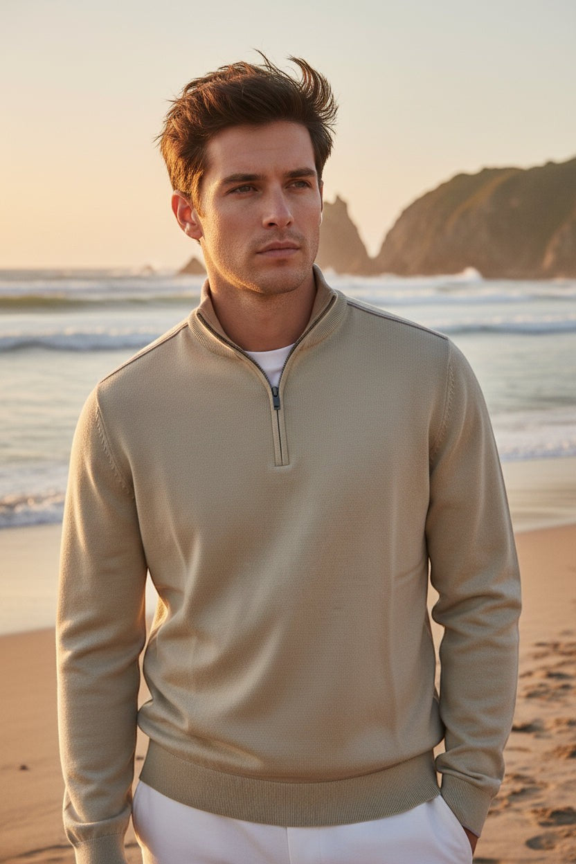 Button Down SF men's sage green cotton-silk half-zip sweater with ribbed collar and cuffs.