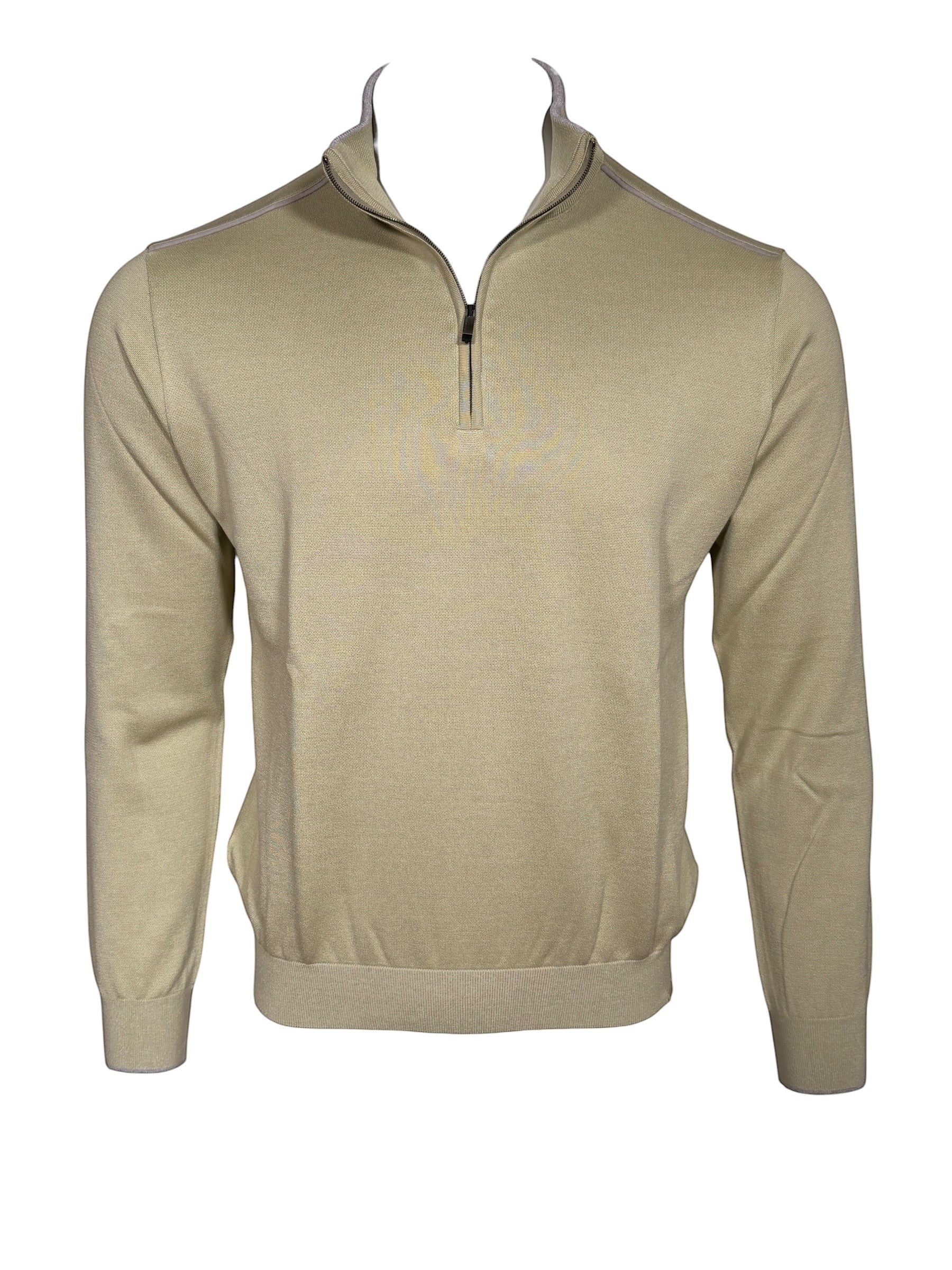 Button Down SF men's sage green cotton-silk half-zip sweater with ribbed collar and cuffs.
